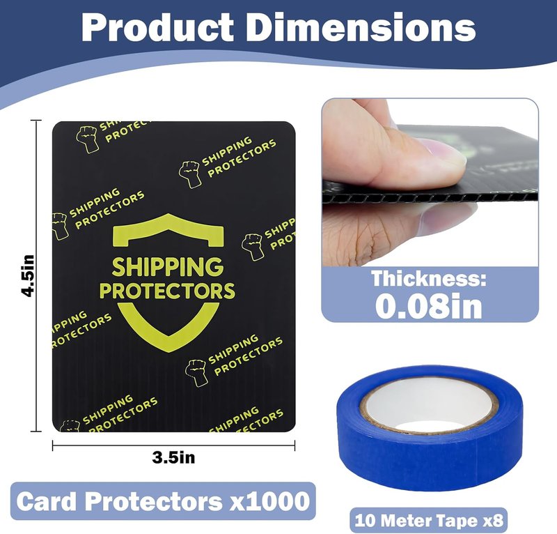 Trading Card Shipping Protectors - Heavy Duty 3.5'' x 4.5'' Precut Mailers with 8 Rolls of Tape | 1000-Pack, Black
