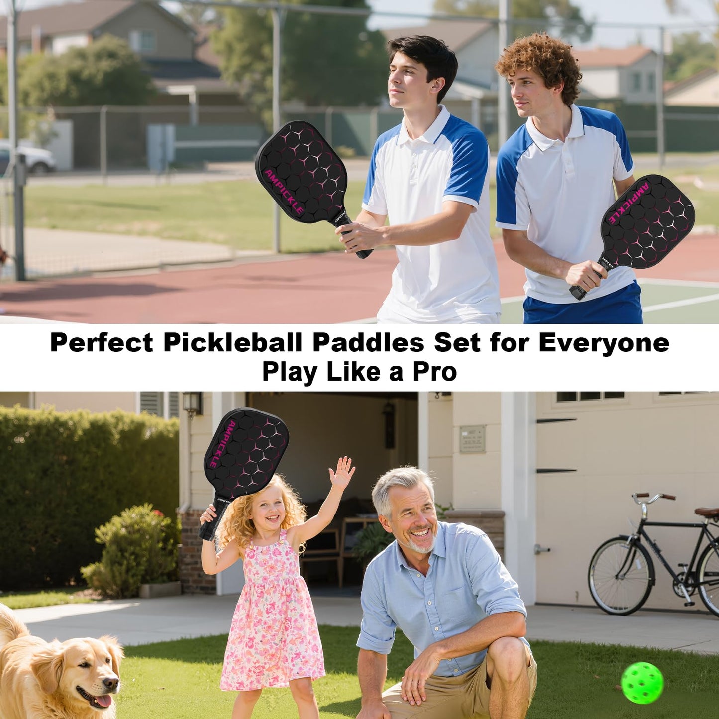 AMPICKLE Pickleball Paddle,USAPA Standards，Fiberglass Pickleball Paddles Set,Frosted Surface Pickleball Rackets,Oversized Sweet Spot Pickle Ball Paddle for Indoor Outdoor