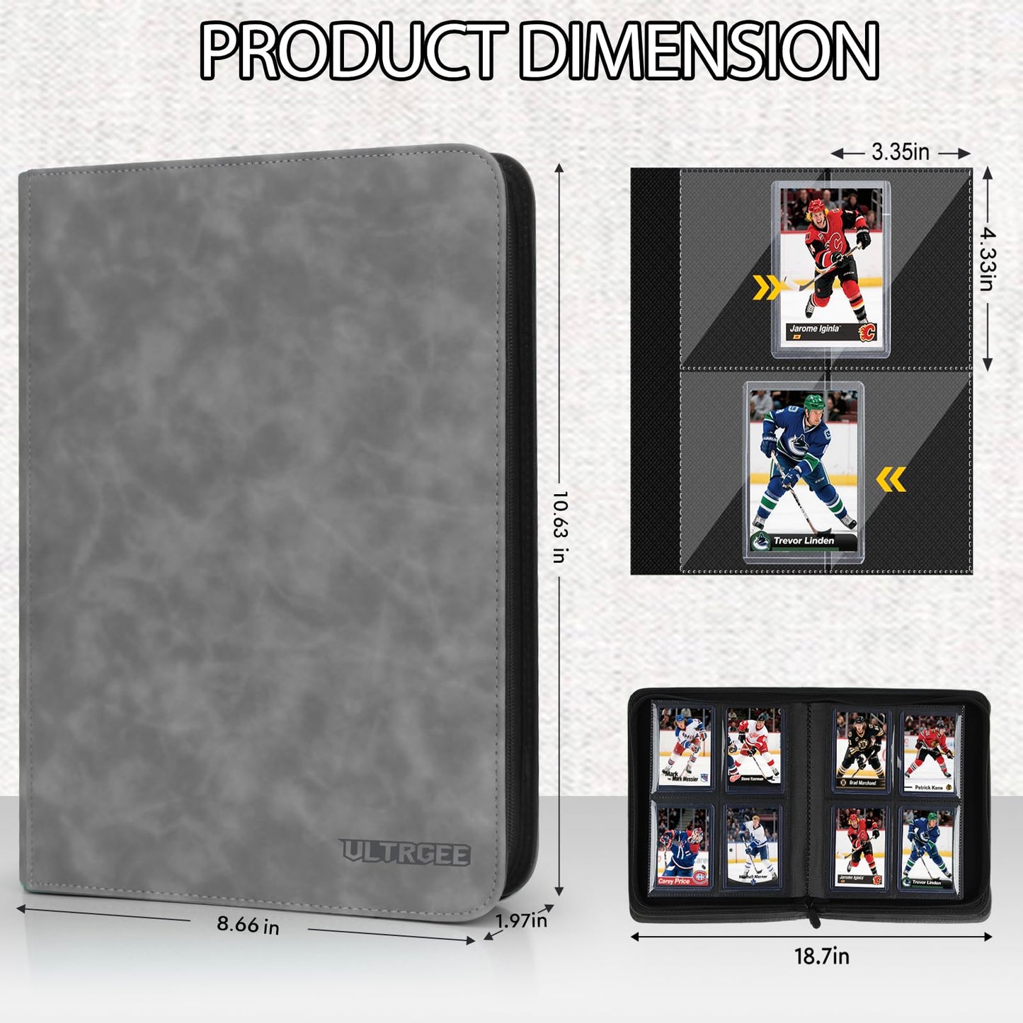 ULTRGEE 4 Slot Top Loader Binder, Top Loaders Collection Storage Album for Trading Cards and Sports Cards - Holds 112 Top Loader, NOT Suitable for Cards WITHOUT Top Loaders(Gray)