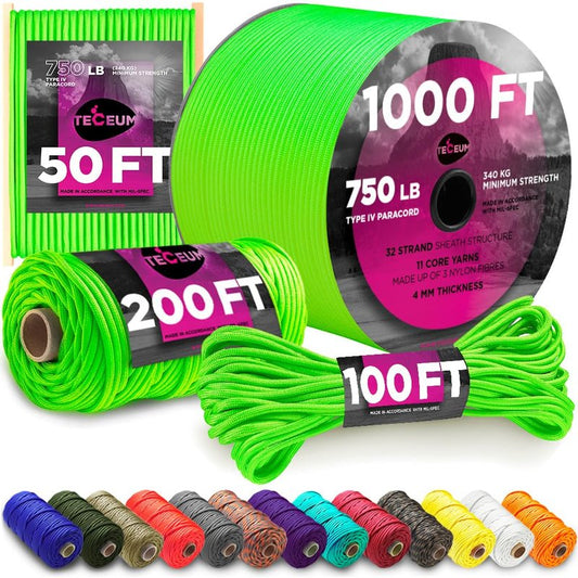 TECEUM Paracord Type IV 750 lb Neon Green – 200 ft – 4mm – Nylon Strong Tactical MIL–SPEC Parachute Cord – Survival Rope Emergency para Cord 11 Strands Core EDC Camping Hiking Military Gear 462а