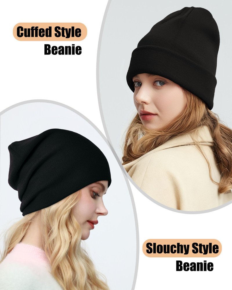 Satin Lined Beanie Hat for Women Men, Wool Knit Cuffed Silk Lining Fisherman Beanies Slouchy Warm Winter Hats Skull Cap Unisex, Black