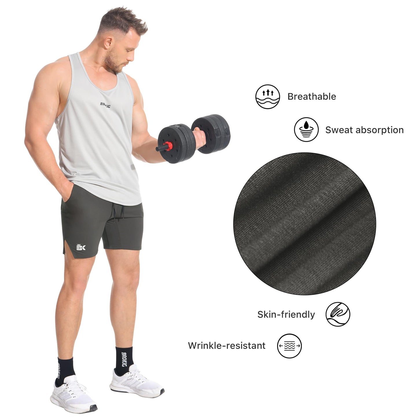 BROKIG Men's Airstretch Gym Shorts,5 Inch Slim Fit Running Exercise Athletic Workout Shorts for Men with Zipper Pockets(Black+Oliver Grey,Small)