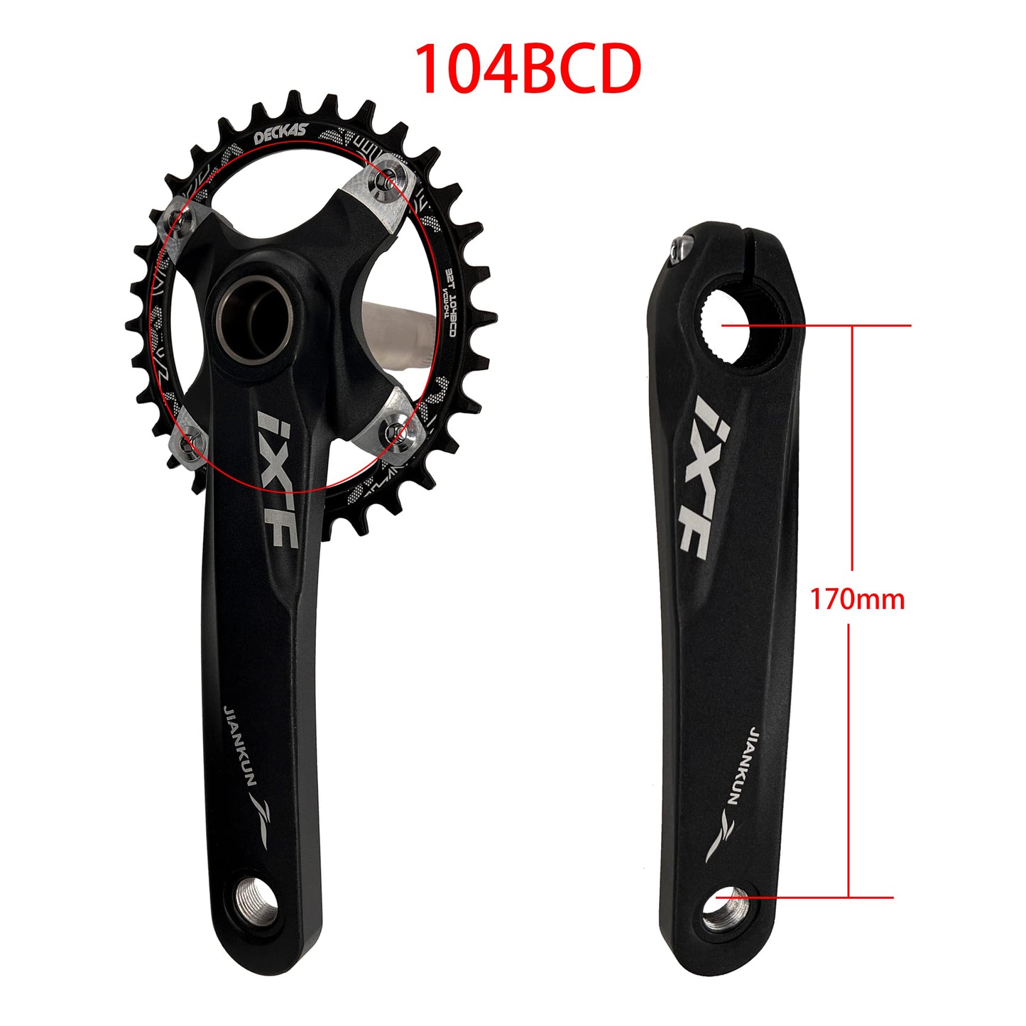 DECKAS 170mm Crankset, 104BCD 32T 34T 36T 38T Round Single Speed Narrow Wide Tooth Chainring and Crank Arm Set for MTB BMX Road Bicycle (Black 34T)