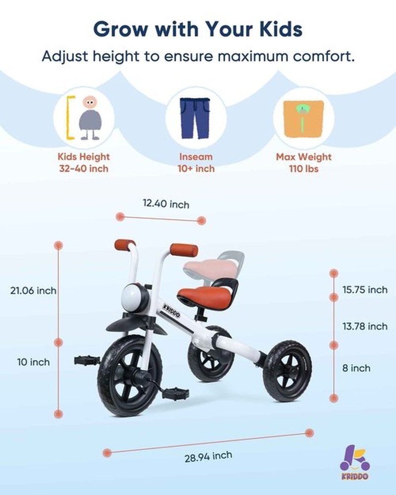 KRIDDO 2-in-1 Kids Balance Bike and Kids Tricycle for 2 to 5 Year Old, Toddler Balance Bike with Detachable Pedals, Tricycles for 3-5 Year Olds with Stitched Soft Grip, White