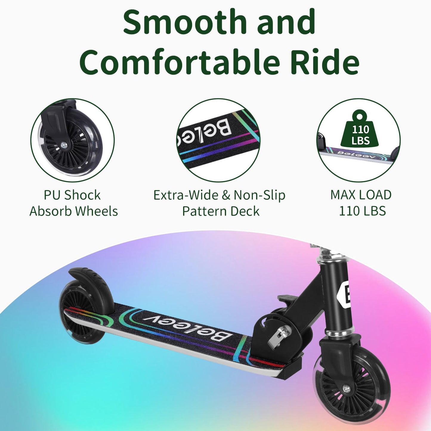 BELEEV Scooters for Kids Ages 3-12 with Light-Up Wheels & Stem & Deck, 2 Wheel Folding Scooter for Girls Boys, 3 Adjustable Height, Non-Slip Pattern Deck, Kick Scooter for Children (Black)