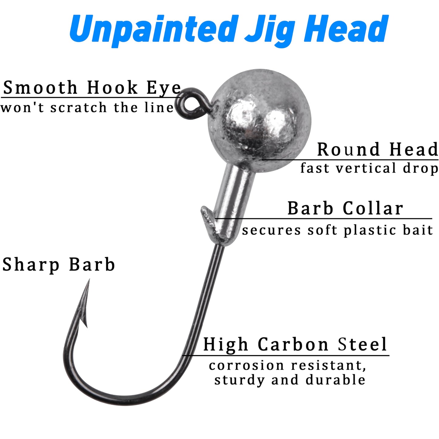 Jig Heads Fishing Hooks Crappie Jigs Unpainted Jig Heads Round Ball Sharp Fishing Jigs Hooks for Bass Trout Crappie Walleye Saltwater Freshwater