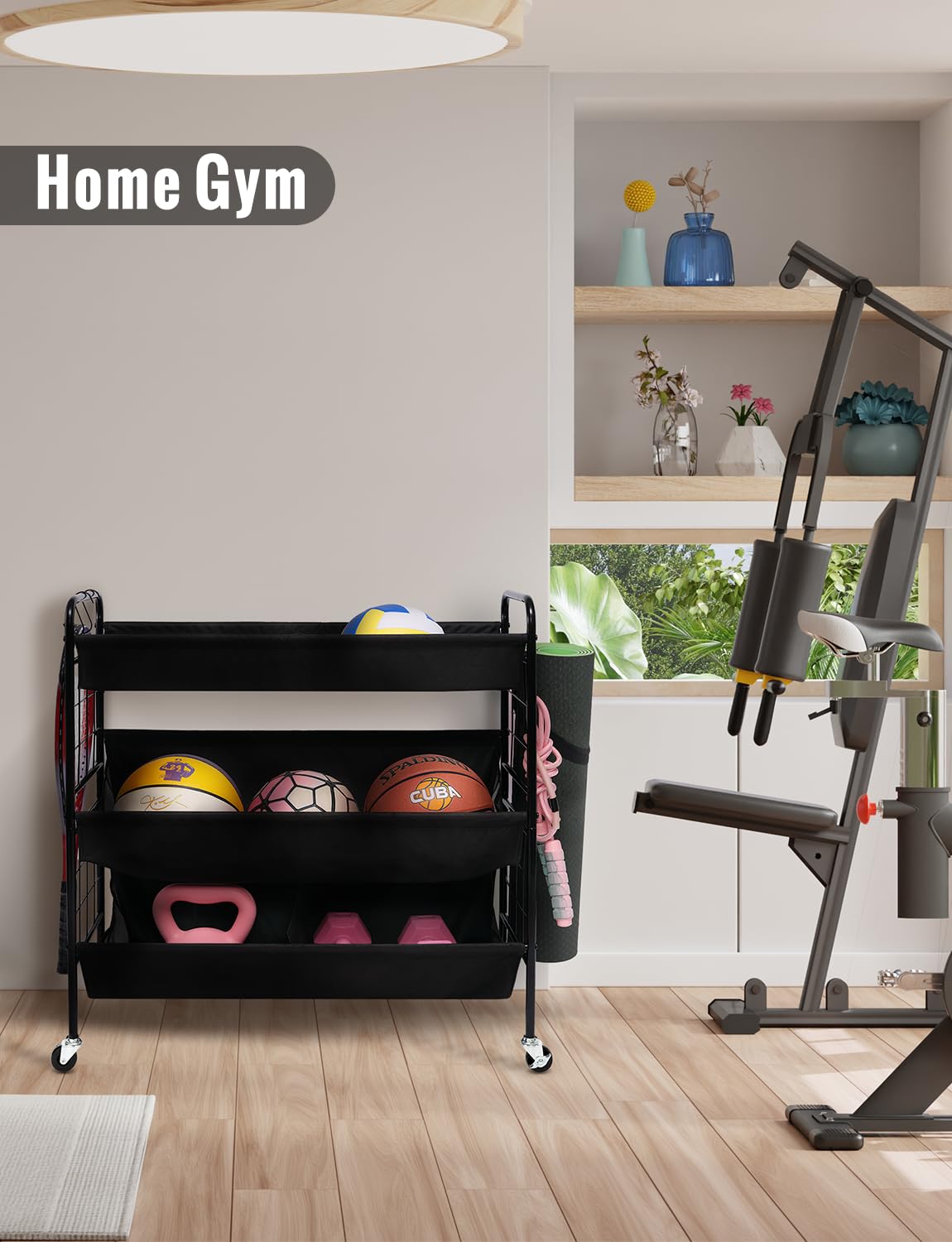 StorageWorks Sports Equipment Organizer with Hooks, Ball Rack Organizer with Wheels, 3-Shelf Ball Rack for Basketball, Football, Volleyball, Large