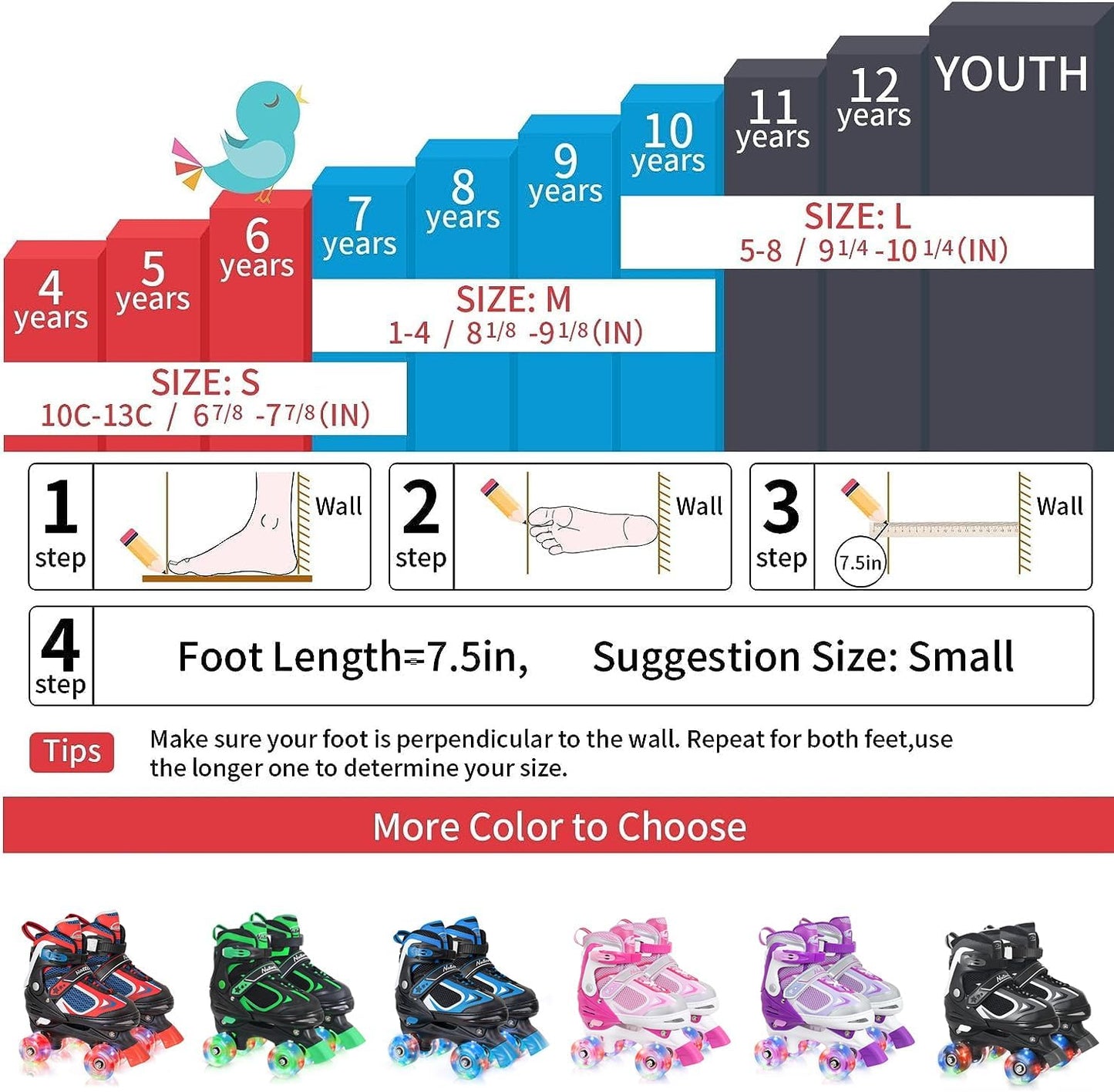 Kids Roller Skates - Adjustable Quad Skates with Light-Up Wheels | 4 Sizes for Boys & Girls