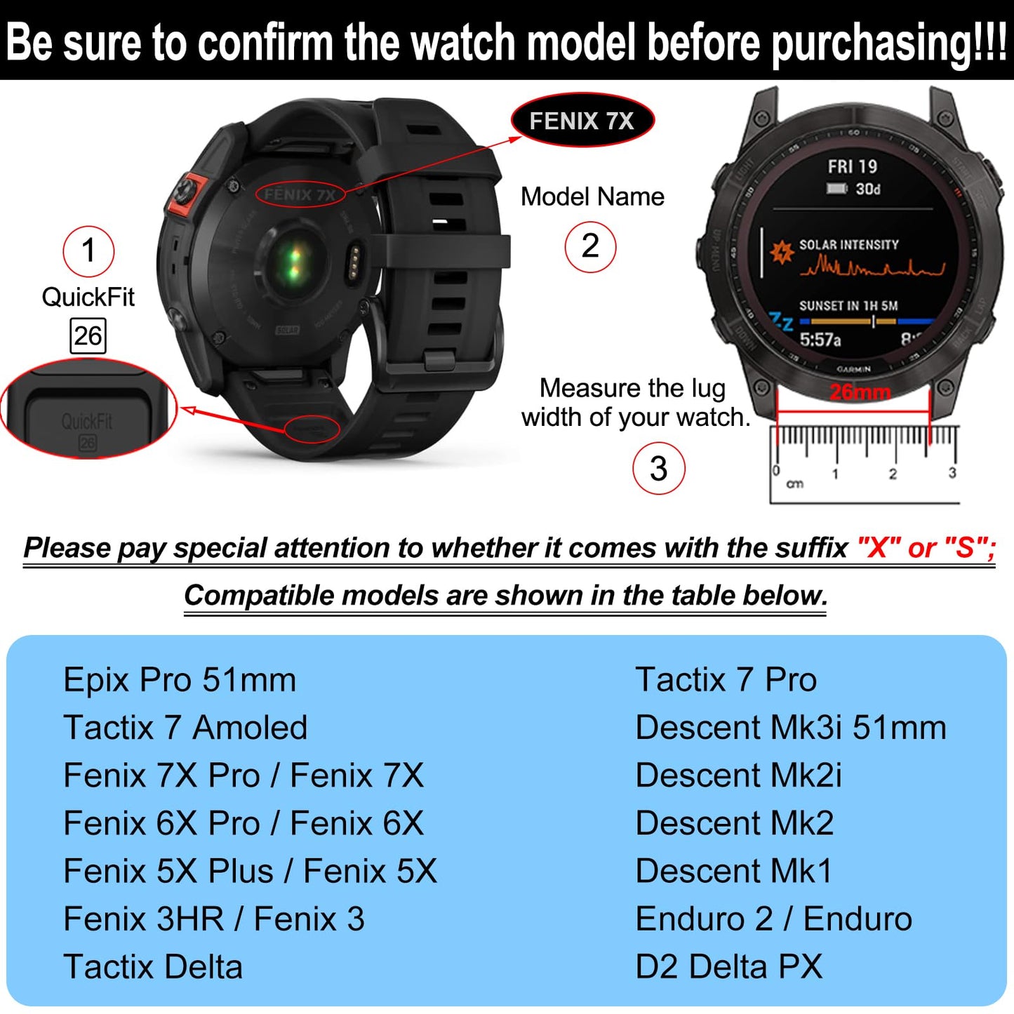 26mm Quick Fit Silicone Replacement Straps Compatible with Garmin Fenix 5X 7X Pro Bands Tactix 7 Pro Enduro 2 Fenix 7X Fenix 6X Pro Fenix 5X Plus Descent Mk2i Tactix Delta