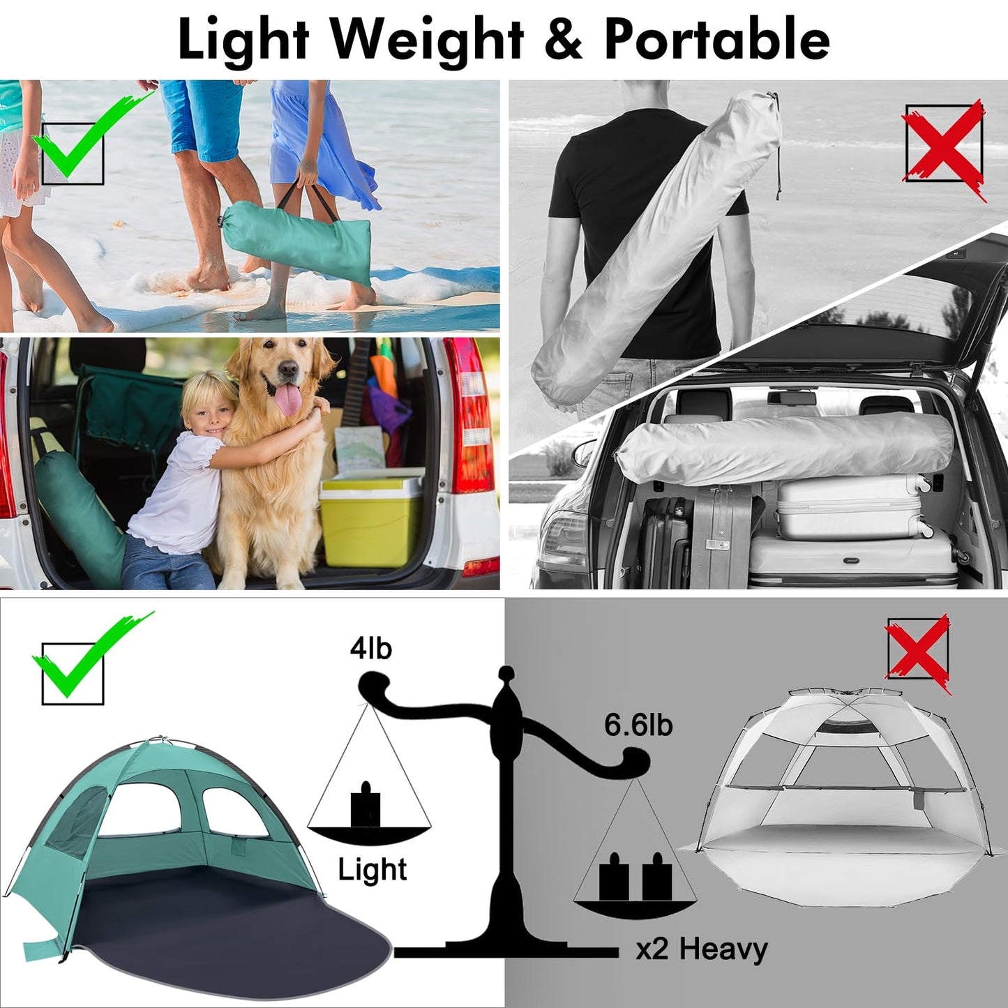 WhiteFang Beach Tent Anti-UV Portable Sun Shade Shelter for 3 Person, Extendable Floor with 3 Ventilating Mesh Windows Plus Carrying Bag, Stakes and Guy Lines (Beach Glass)