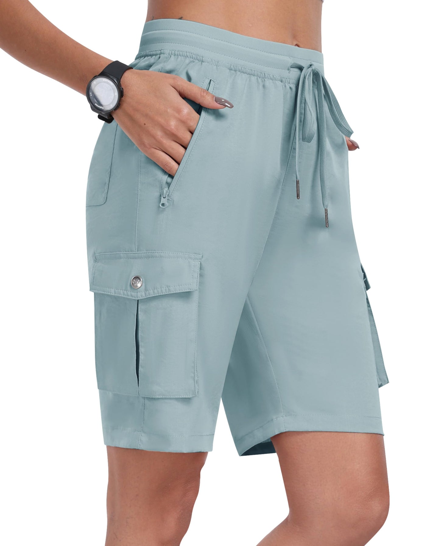 MoFiz Hiking Cargo Shorts for Women Outdoor Quick Dry Athletic Shorts for Boating Camping with Pockets Grey Blue L