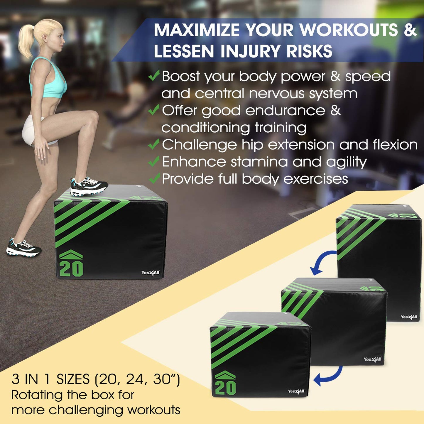Yes4All 3 in 1 Foam Plyometric Jump Box - Jump Training & Conditioning - Green, A. 30" x 24" x 20" - 16 lbs