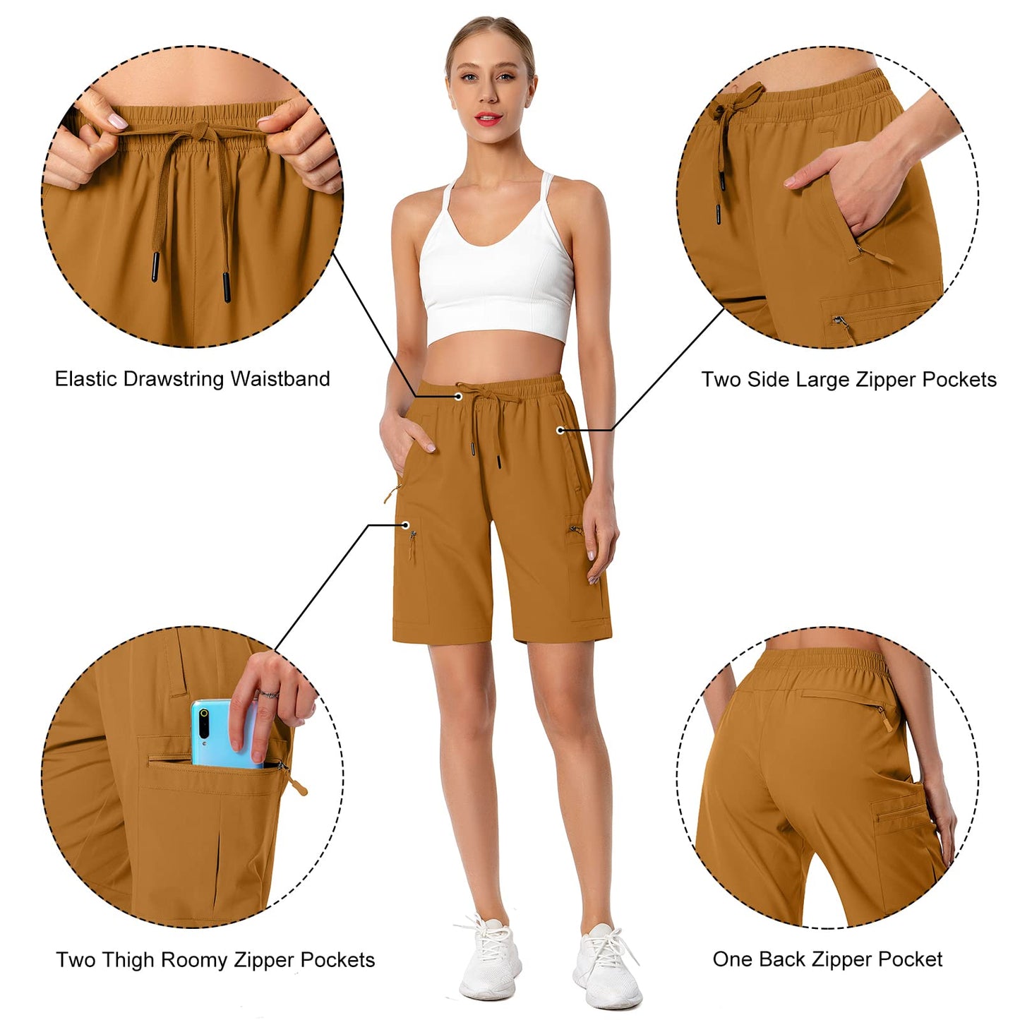 Hugut Women's Lightweight Hiking Cargo Shorts Quick Dry Athletic Shorts Camping Travel Golf Zipper Pockets Water Resistant