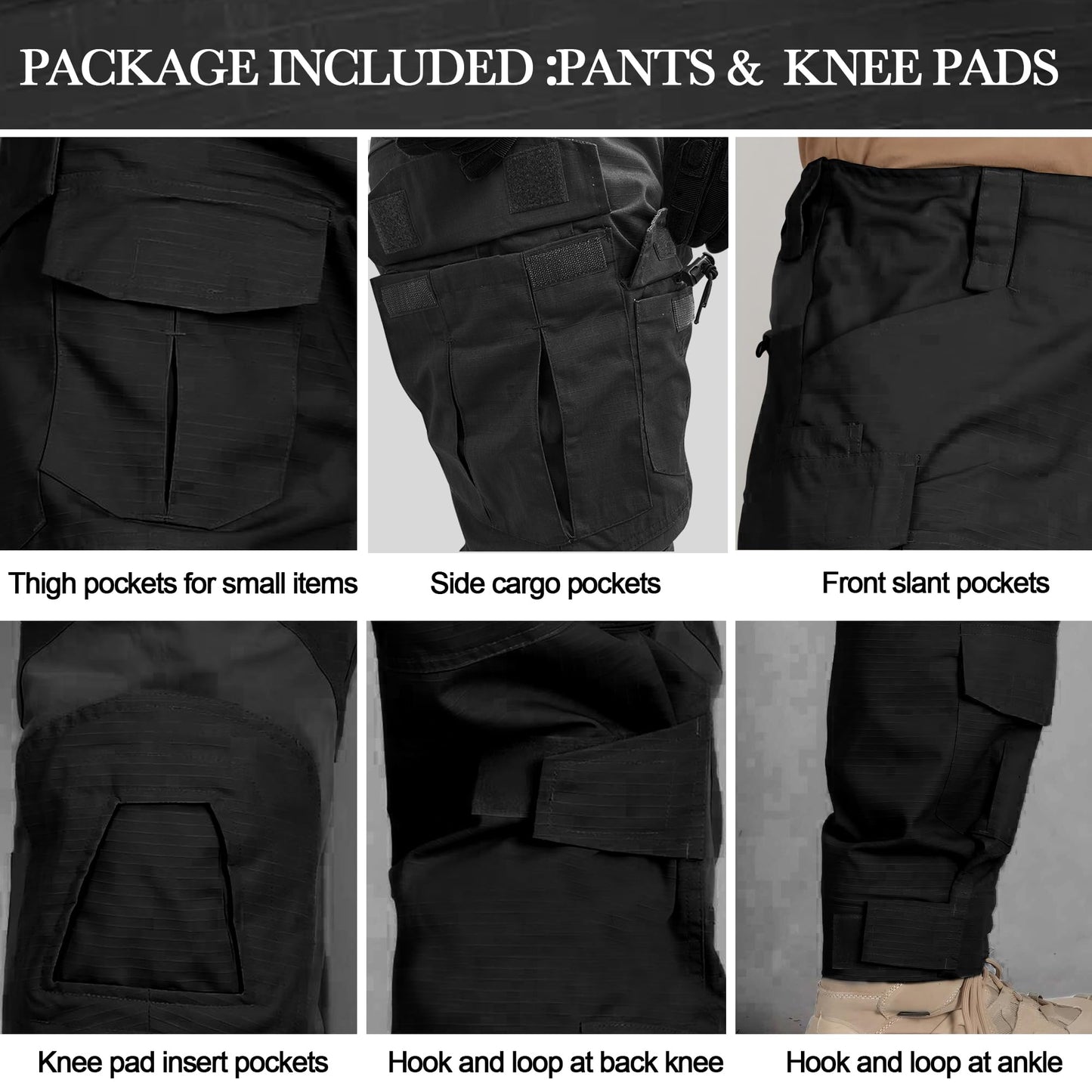 MERJAZ Men’s Tactical Pants with Knee Pads Waterproof G3 Combat Pants Camo Cargo Pants with 10 Pockets No Belt Black 34
