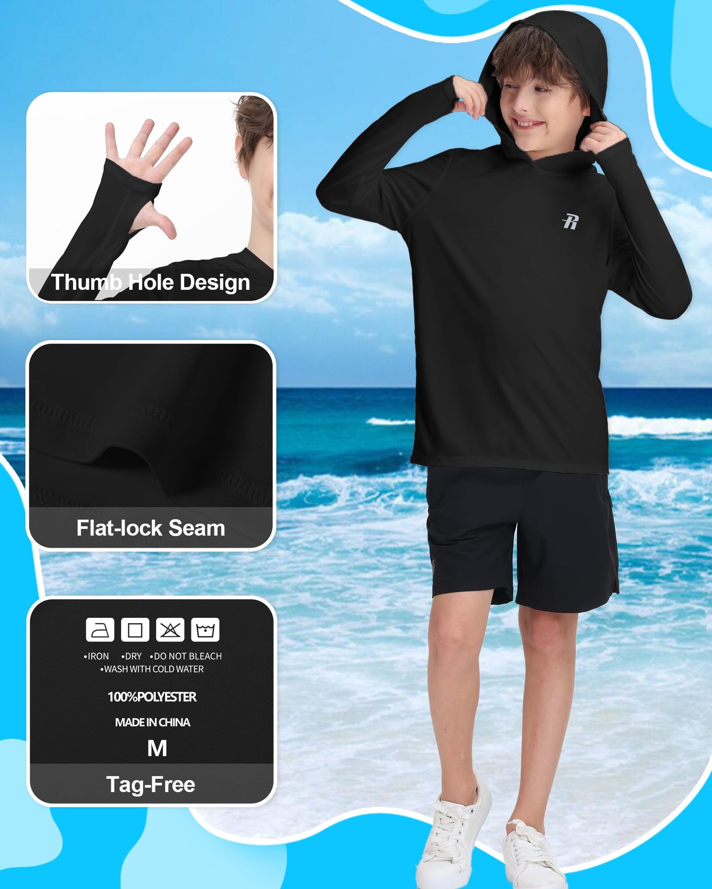 Runhit Boys & Toddler UPF 50+ Rash Guard Hoodie Kids UV Sun Protection Long Sleeve Shirt for Fishing Outdoor Beach Camping
