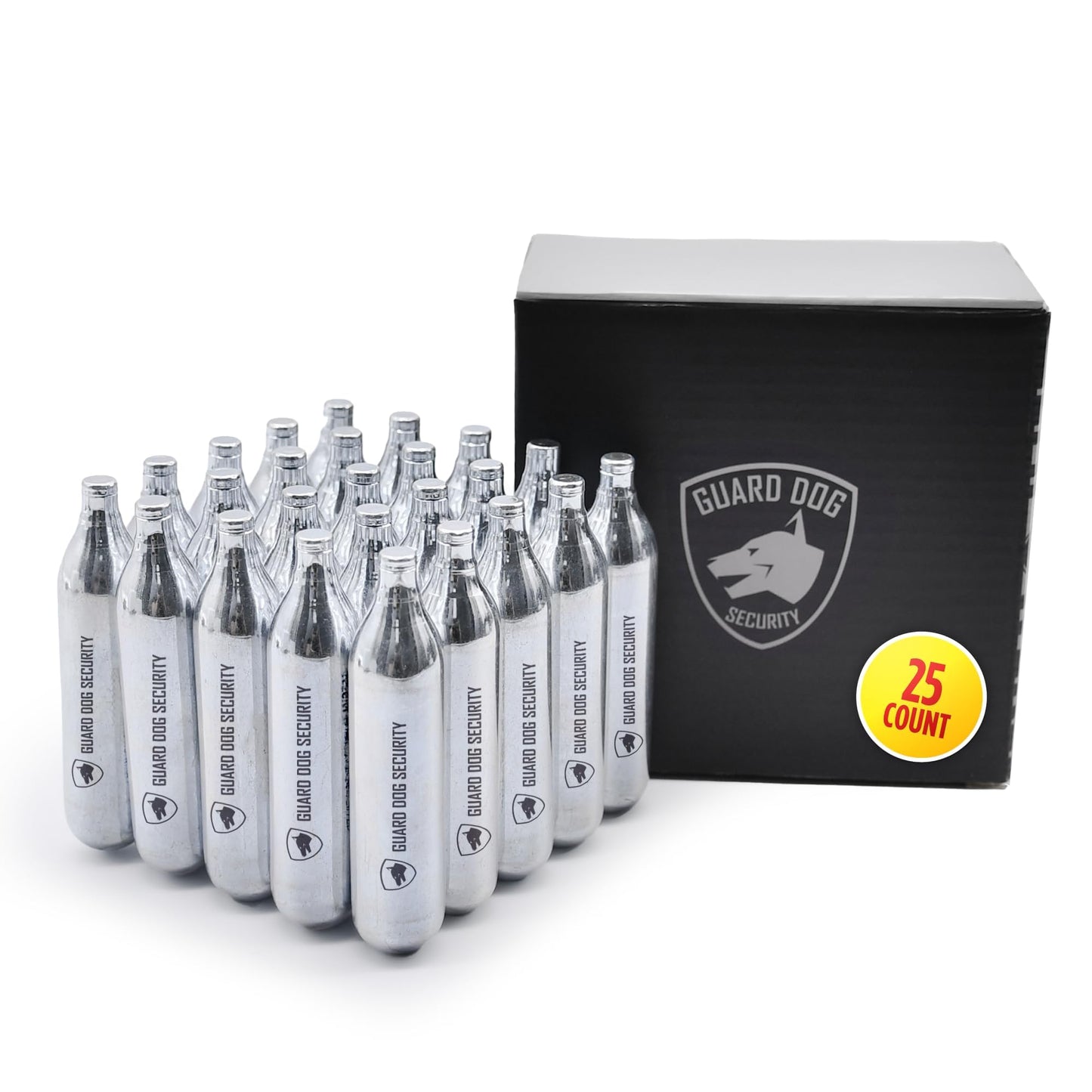 Guard Dog Security 12 Gram Co2 Cartridges, Non-Threaded, CO2 cartridges BB Gun, CO2 BB Pistol, CO2 Airsoft Pistol, and CO2 Paintball Markers, Snug fit, Solid Seal (Pack of 25)
