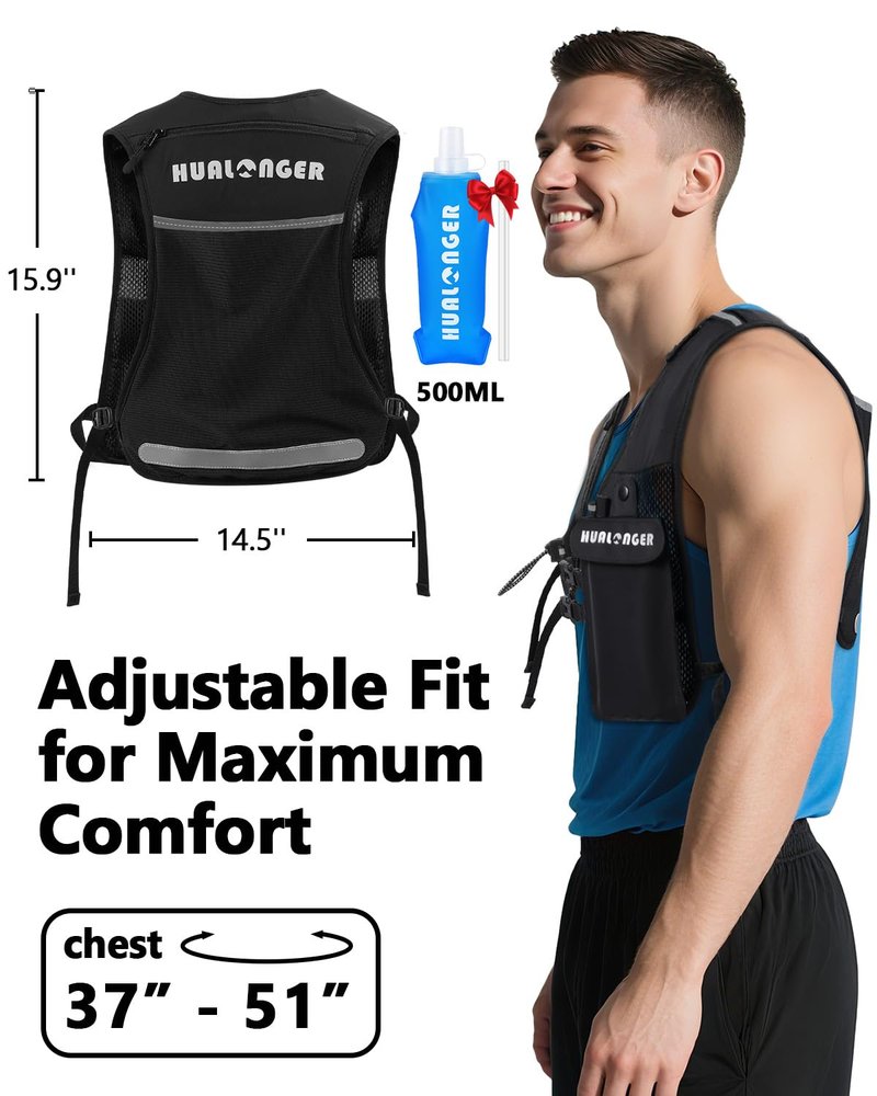 Running Hydration Vest for Women Men,Lightweight Breathable Hydration Pack with 500ml Soft Flask, Adjustable Chest Straps Reflective Backpack for Trail Running Marathon Race Jogging Cycling