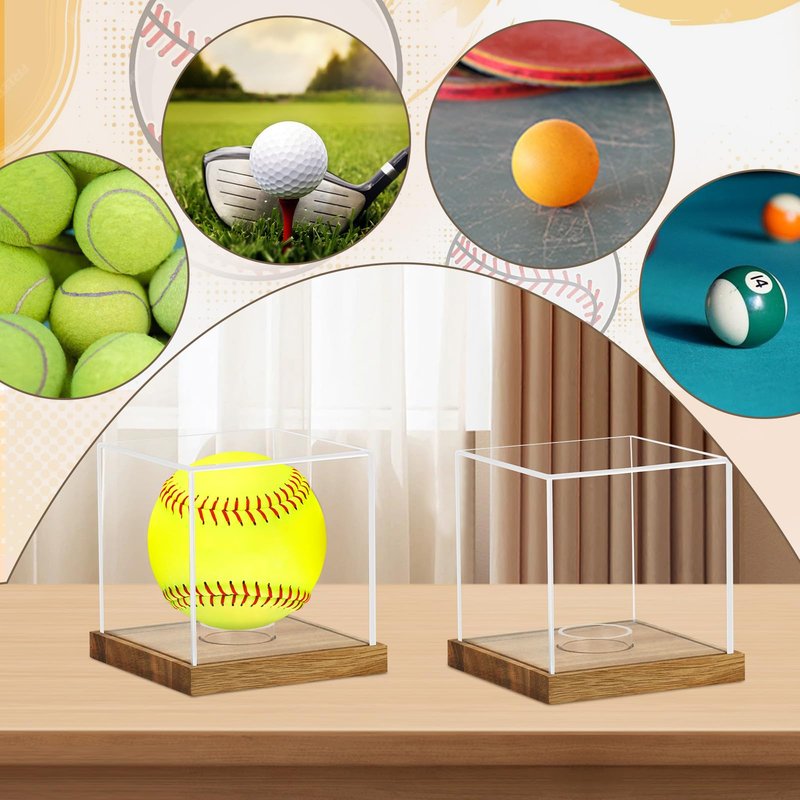 2 Pack Clear Acrylic Softball Display Case with Wood Base, Memorabilia Stand Cube Holder, Dust Protection Transparent Storage Box for Single Ball Souvenir Softball Collections