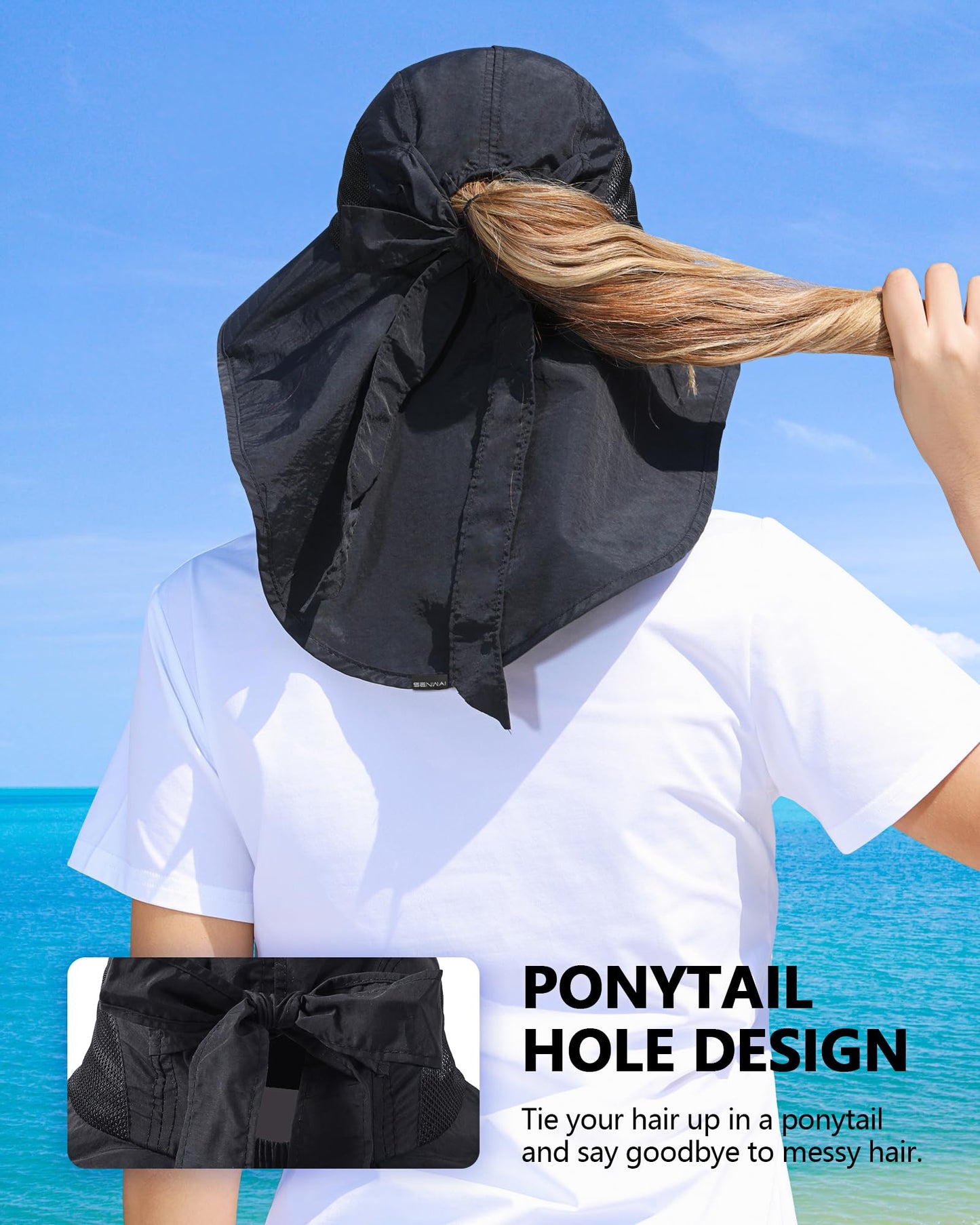 SENWAI Womens Sun Hat Outdoor UV Protection Wide Brim Fishing Hat with Ponytail Hole Neck Flap for Beach Hiking Camping, Black