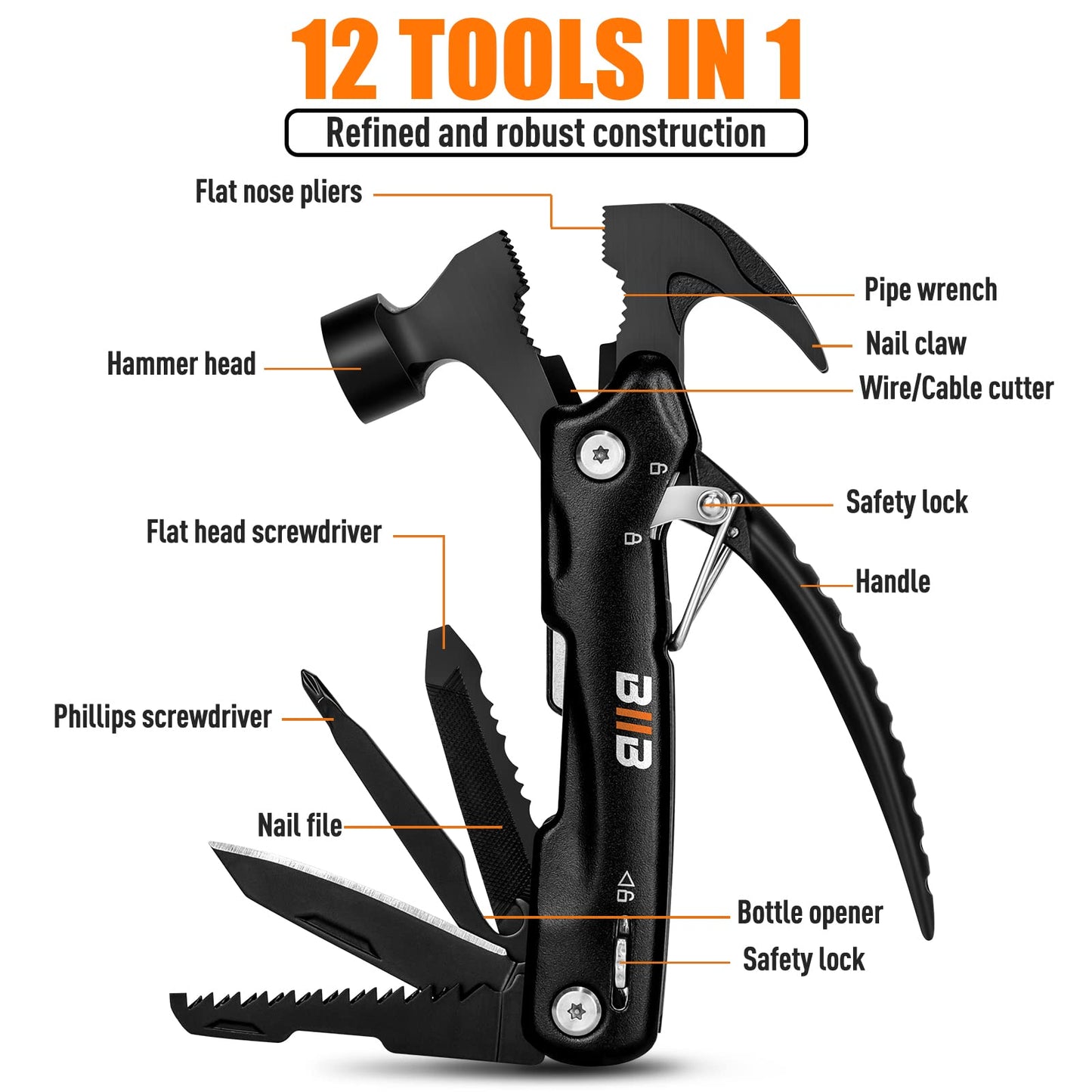 BIIB Father's Day Gifts for Dad, Camping Essentials 12 in 1 Hammer Multitool Dad Gifts for Men, Father's Day Gifts from Daughter Wife, Birthday Gifts for Men, Him, Grandpa, Camping Gear Tools for Men