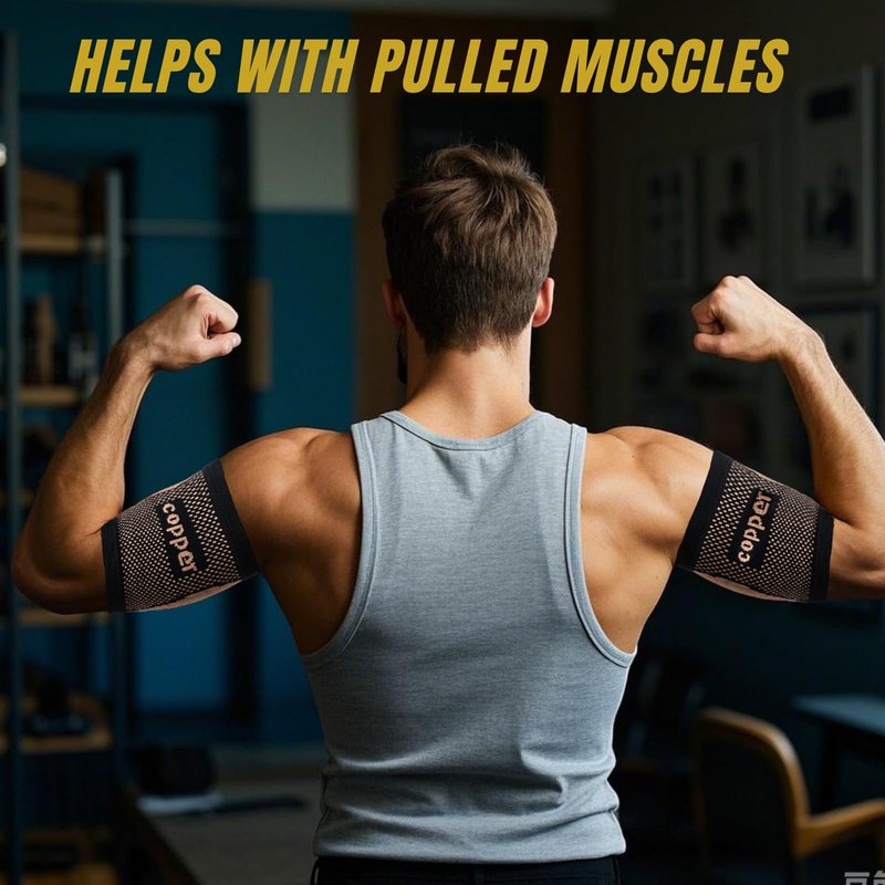 kyopyno Bicep Compression Sleeve,Bicep Tendonitis Brace 1 Pair,Copper Infused Arm Support for Weightlifting,Muscle Recovery, Pain Relief,Upper Arm Brace for Men and Women (Gold-Black, Large)