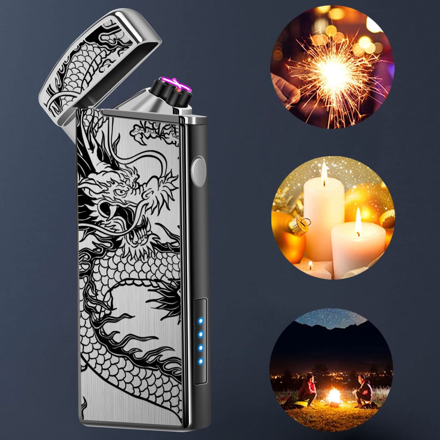 LcFun Electric Lighter USB Rechargeable Lighter, Windproof Plasma Dual Arc Lighter, Flameless Cool Lighters with LED Battery Indication for Candles, Incense Stick, Outdoor Camping (Black Dragon)