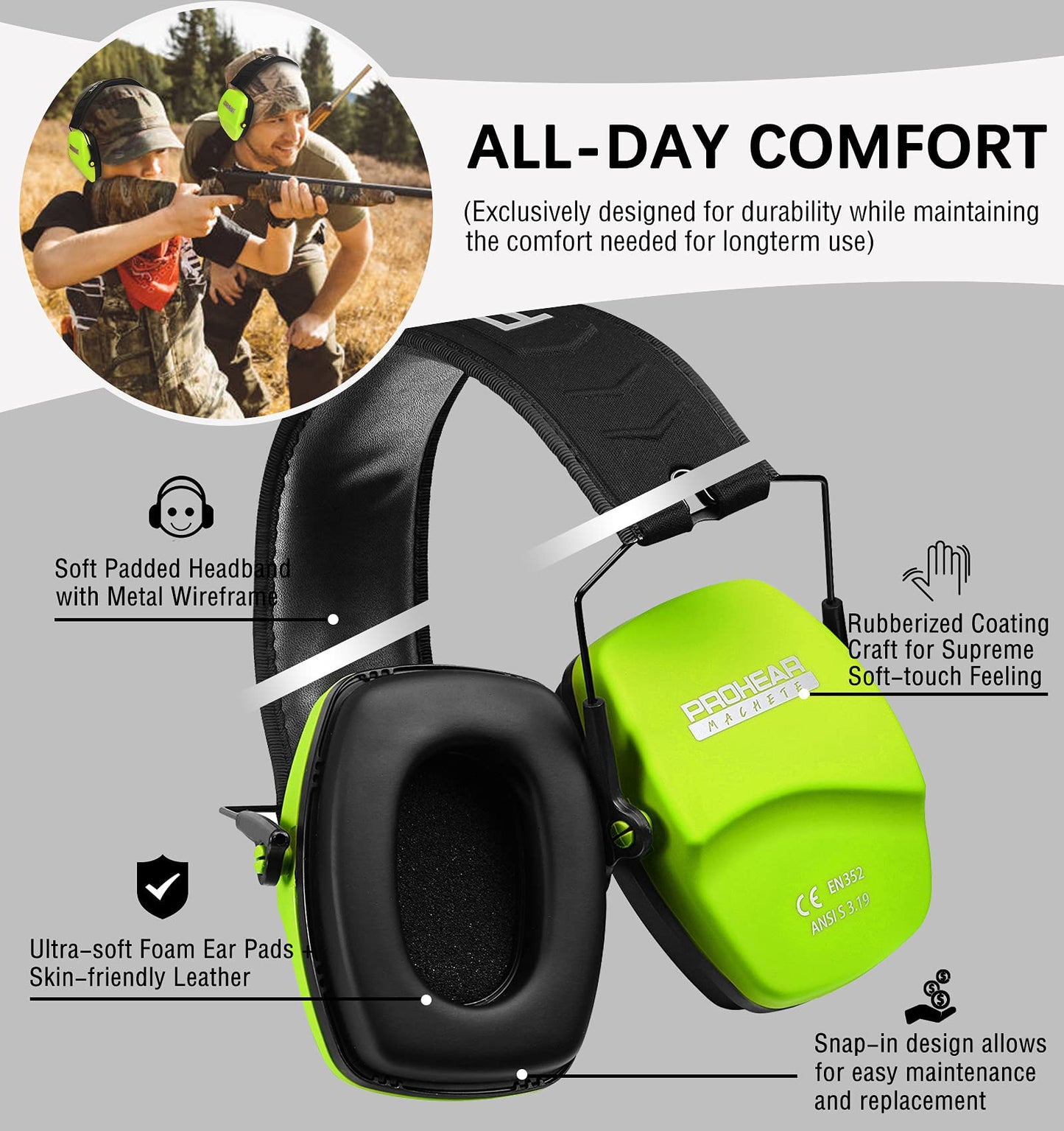 PROHEAR 016 Ear Protection Safety Earmuffs for Shooting, NRR 26dB Hearing Protector with Low-Profile Earcups, Compact Foldable Ear Defenders for Gun Range, Hunting (Fruit Green)