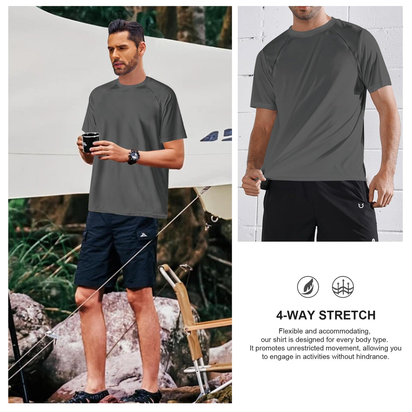 3rd hill Mens Swimming Shirts Short Sleeve UPF 50 Quick Dry Sun Protection Rash Guard Shirts for Fishing Running Deep Grey XXL