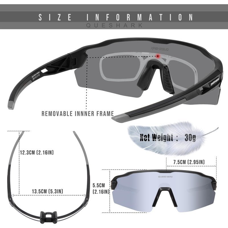 Queshark Polarized Sports Sunglasses, 4 Interchangeable Lenses | UV400 Protection, Cycling Glasses for Mountain Bike Running