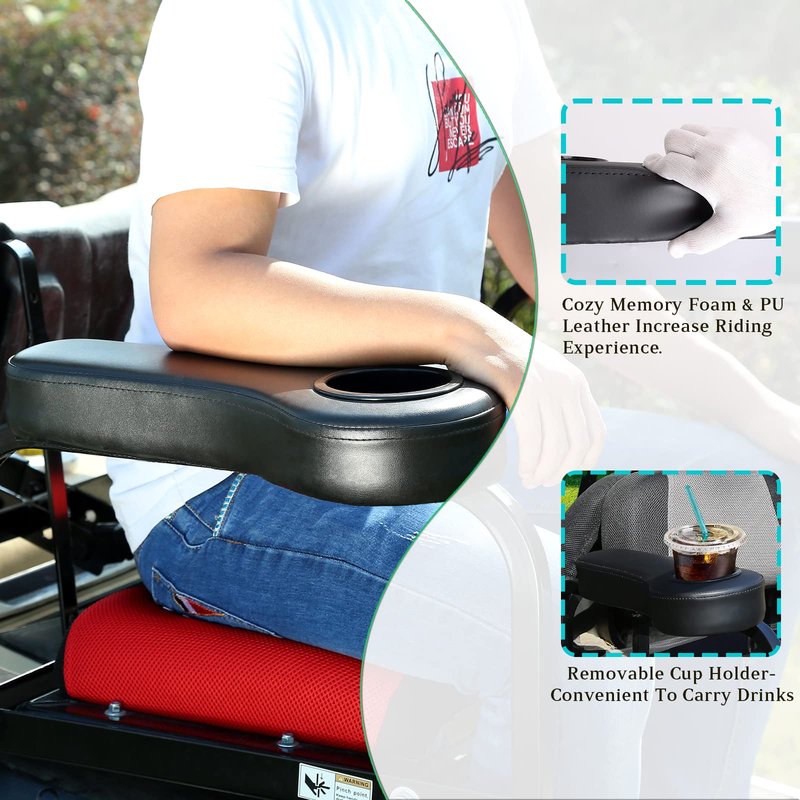 10L0L Golf Cart Rear Seat Armrest for Yamaha Club Car EZGO, Premium Leather Arm Rest with Cup Holder, No Drilling Required, Fits 1" Square Tube Only-Black