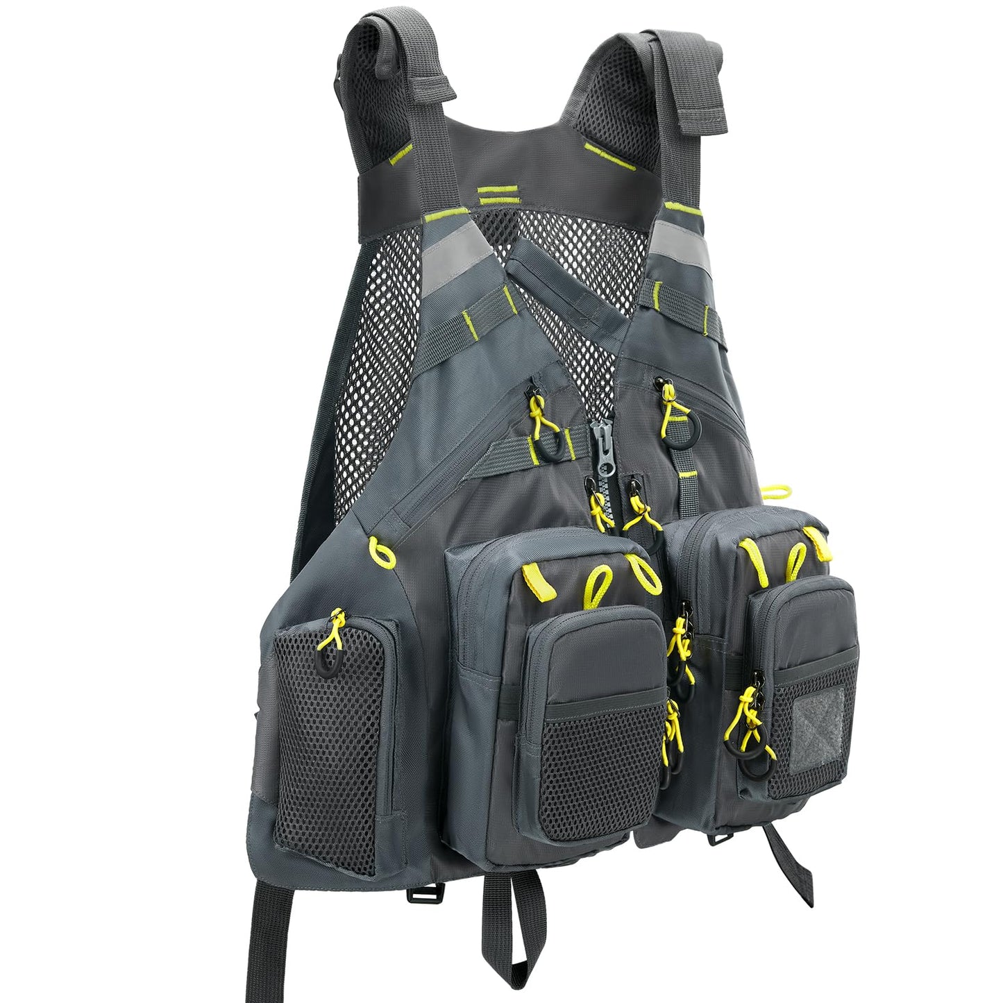 Gonex Fly Fishing Vest for Men Women, Comfortable Adjustable Fishing Vest with Multi-Pockets Reflective Stripes, Gray+Yellow