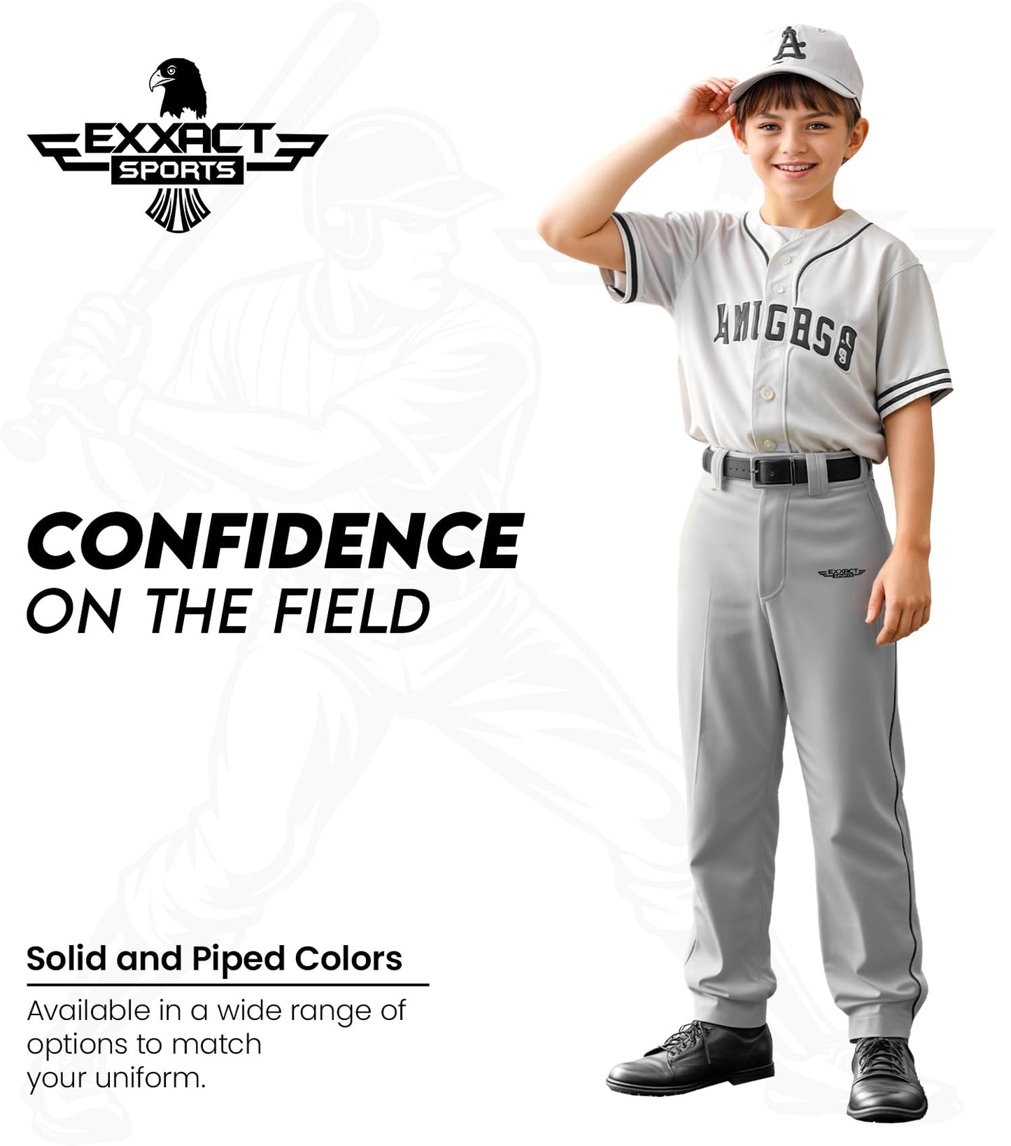 Exxact Sports Home Run Boys Baseball Pants with Piping - Full-Length, Semi-Relaxed Fit, Open-Bottom Youth Baseball Pants - (YM, Grey/Black Piping)