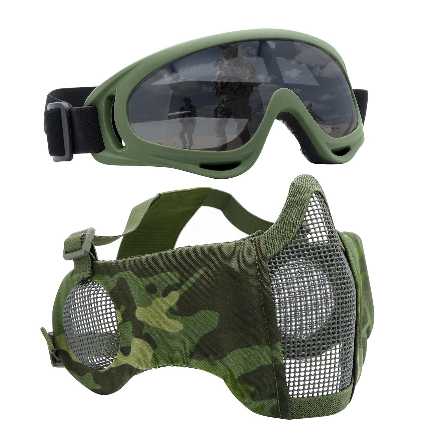 Yzpacc Airsoft Mask with Goggles, Foldable Half Face Airsoft Mesh Mask with Ear Protection for Paintball Shooting Cosplay CS Game