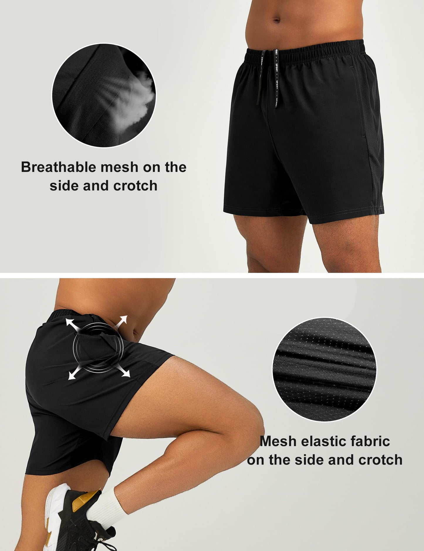 Pesfix Mens 5'' Lightweight Athletic Shorts Quick Dry Gym Workout Running Shorts with Zipper Pockets Black,Large