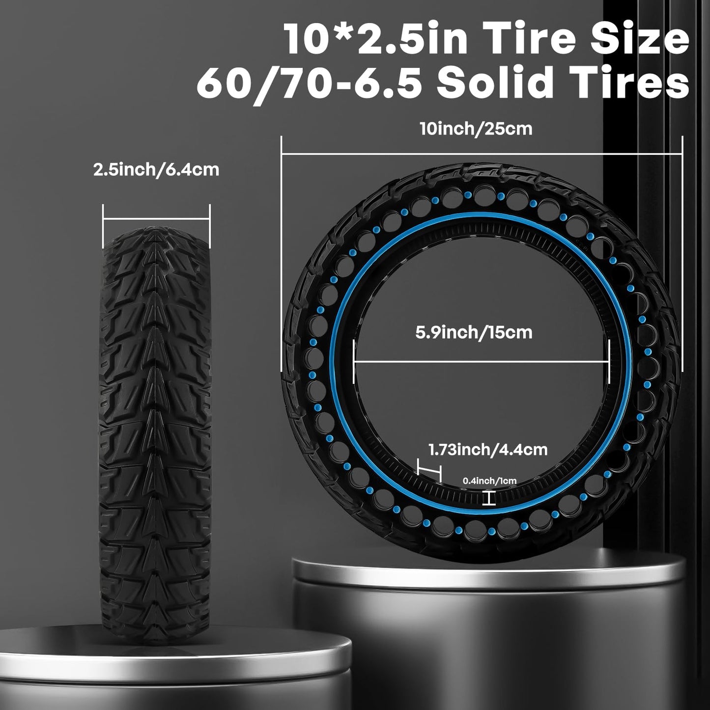 HAONAIMO 10" x 2.5 Solid E Scooter Tires - ‌Replacement Rubber Wheels 60/70-6.5‌ for Ninebot Max ‌G30/G30D/G30E/G30LP‌ - ‌10 Inch Honeycomb Tire - Durable & Studless Tire- ‌Blue