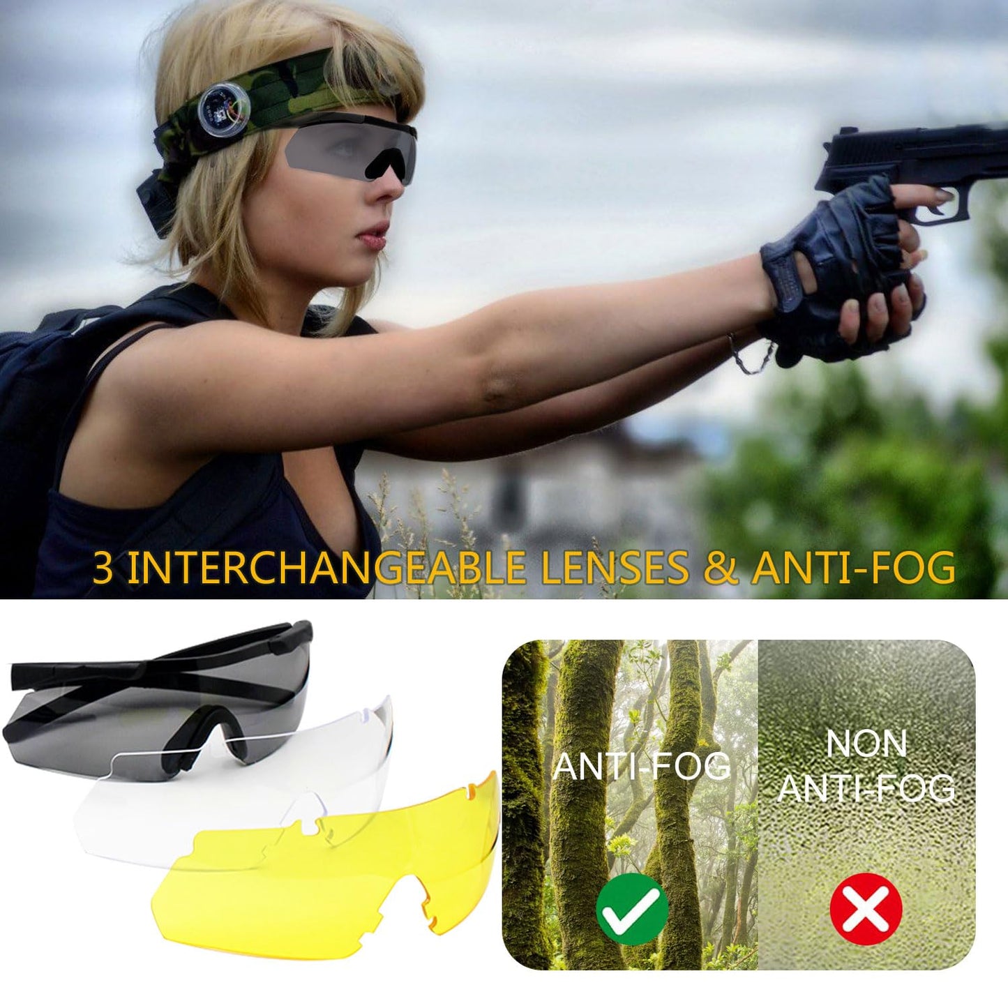 SPOSUNE Shooting Glasses Men with Case, Impact resistance Tactical Glasses Airsoft Glasses with 3 Lenses, Safety Glasses for Men Women - Military Eyewear for Hunting Cycling