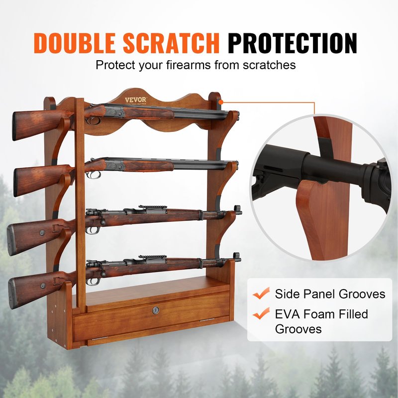 VEVOR Gun Rack, Wood Gun Rack Wall Mount, Gun Display Rack Holds 4 Rifles, Shotguns, 132 lb Heavy Duty Wall Storage Display Rifle Rack with Soft Padding