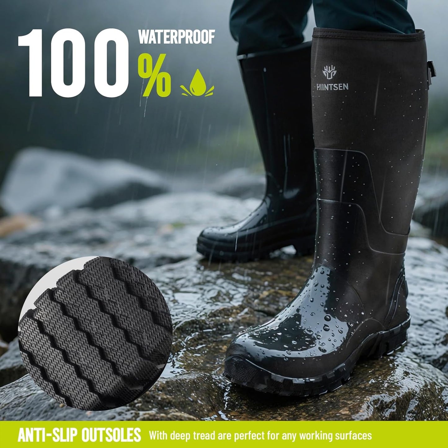 HUNTSEN Rubber Work Boots for Men - Waterproof Anti-Slip Hunting Boots | Steel Shank, 6mm Neoprene, Sizes 9-12