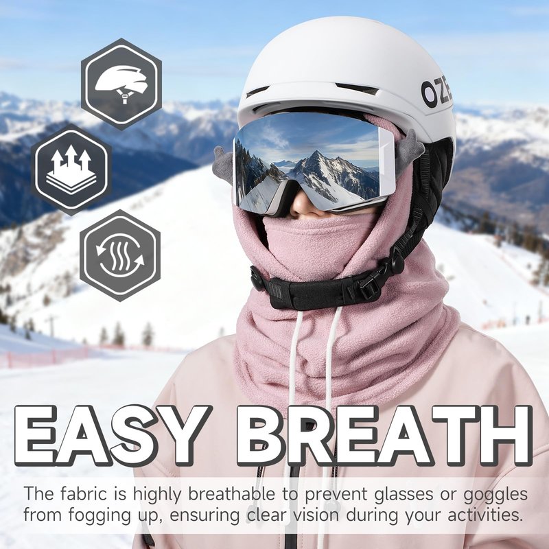 OZERO Balaclava Ski Face Mask: Windproof & Thermal Ski Mask for Men and Women, Convertible Balaclava Hood Full Head Cover Scarf Neck for Cold Weather Pink