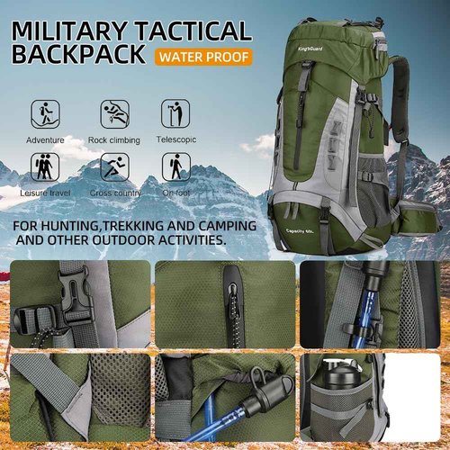 King'sGuard 60L Hiking Backpack Large Waterproof Camping Backpack for Men and Women Lightweight Frameless Backpacking Backpack with Rain Cover (Army Green)