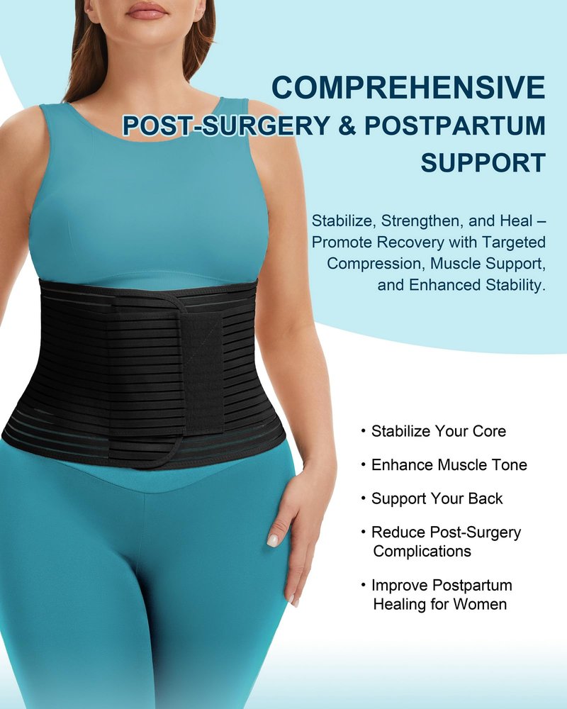 Channo Abdominal Binder for Men & Women: Post Surgery Compression Belly Band Hernia C-Section Support (Black,XXL,1-Pack)