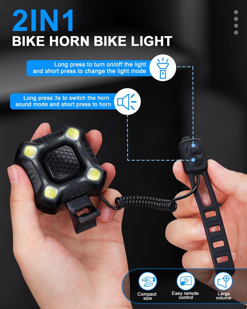 EQIIO 2-in-1 Bike Electric Horn with Headlight, 118dB Loud Bicycle Bell, 3 Light Modes, USB-C Rechargeable, IP65 Waterproof, DIY Customizable Ringtone Bike Bell for Mountain/Road Bike,Scooter,E-Bike