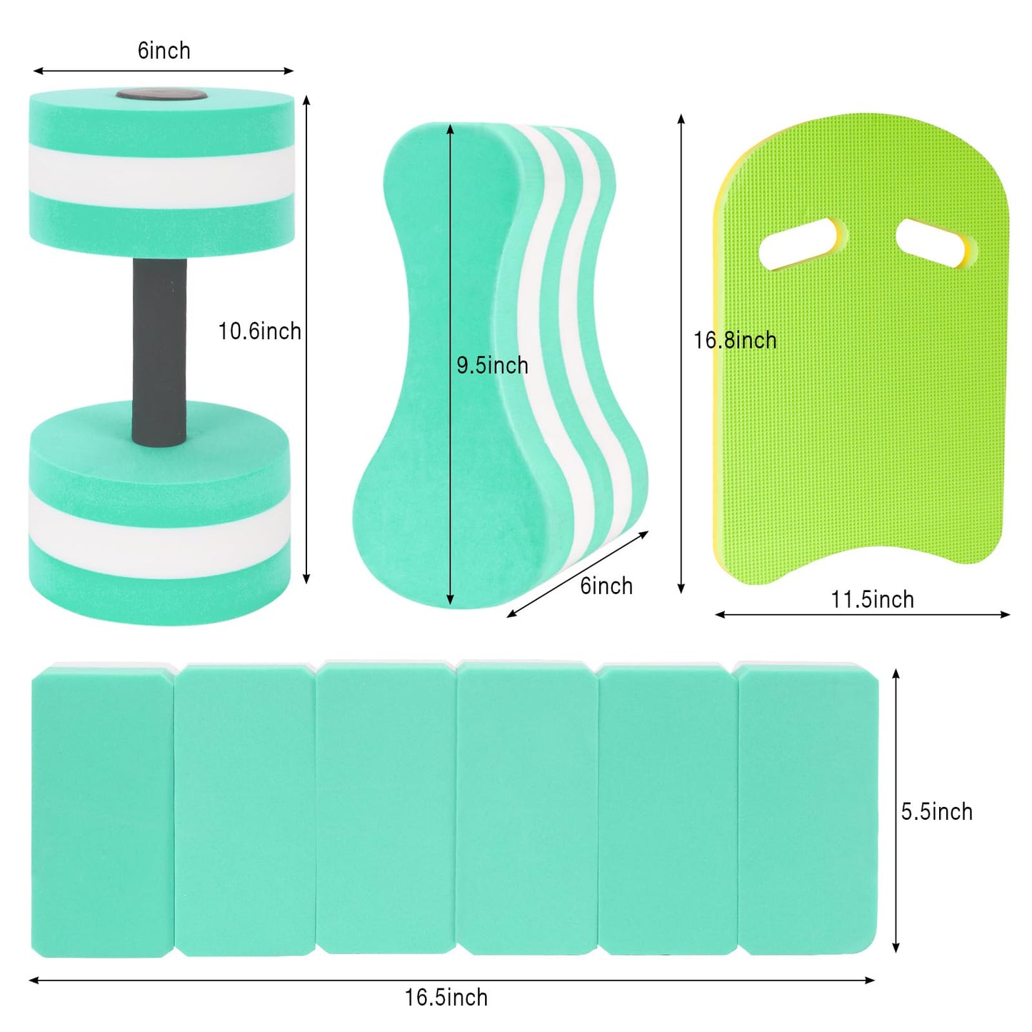 NEAGLORY 5 Pieces Water Aerobics Set Aquatic Exercise Set Pool Fitness Equipment with Foam Dumbbell, Swim Kickboard, Pull Buoy, Aquatic Swim Belt for Water Workout, Green