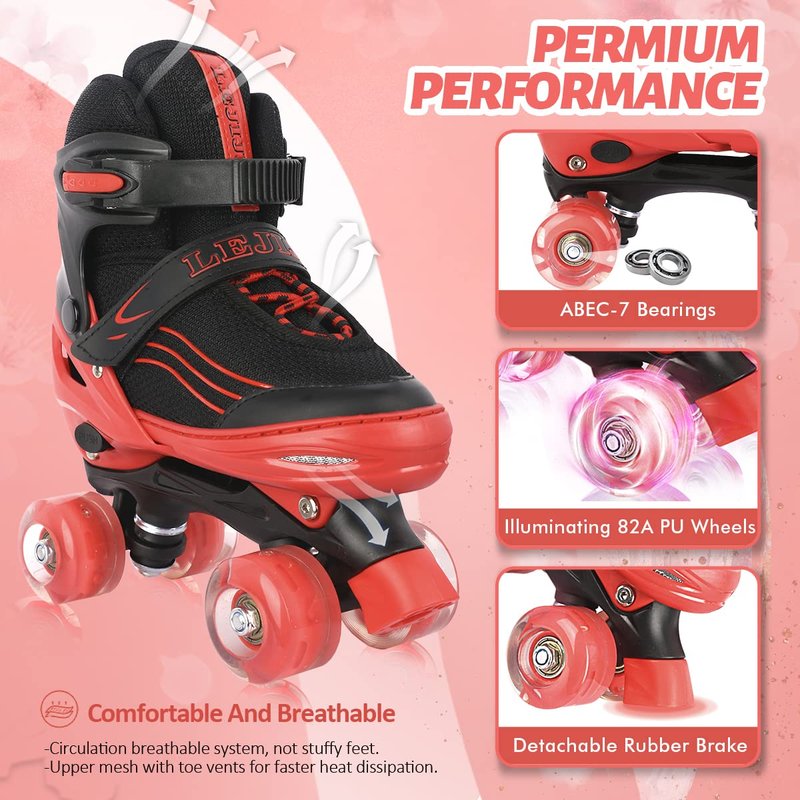 LEJIJIT Roller Skates for Kids Boys Girls Toddler Ages 3-12, Adjustable 4 Sizes for Kids and Youth Teen with Light Up Wheels, Quad Red Roller Skates for Sports (Big Kid 1Y-4Y)