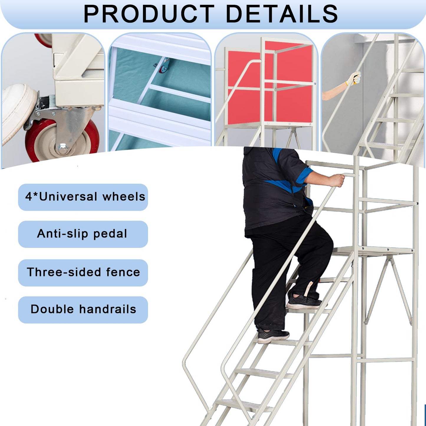 4-Step Rolling Warehouse Step Ladder, Lockable Wheels, Non-Slip Wide Steps, Dual Handrails, Movable Platform Ladder, Rolling Stairs for Warehouse, Supermarket, Library (White, 4 Steps)