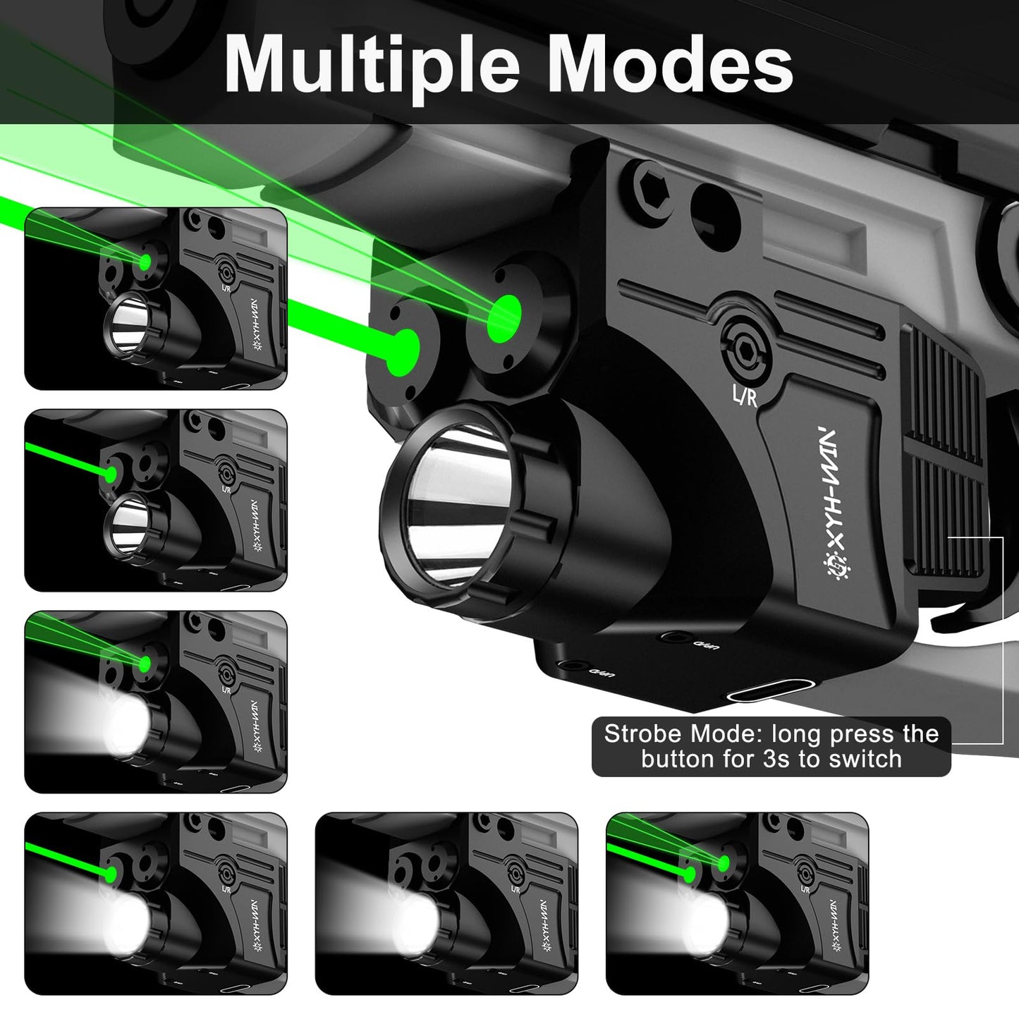 XYH-Win 600 Lumens Weapon Tactical Light Green/Green Circle Laser Sight Combo, Pistol Light with Strobe/Constant Function, Dual-Color Laser Sight,USBC Rechargeable,Fits Standard Picatinny Rails