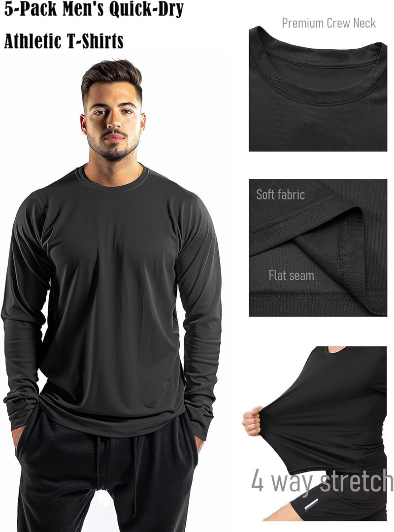 Men's Long Sleeve Athletic Shirts - Quick Dry Moisture-Wicking Workout Tees | 5 Pack