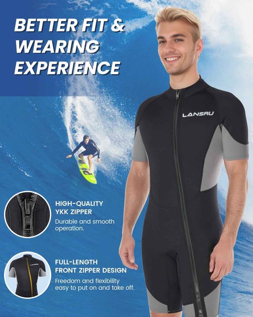 Lansru Mens Shorty Wetsuits，2mm Upgraded Neoprene Wetsuits for Men，Front Full-Length Zip Design |UV Protection |Suit for Surfing Snorkeling Diving Swimming