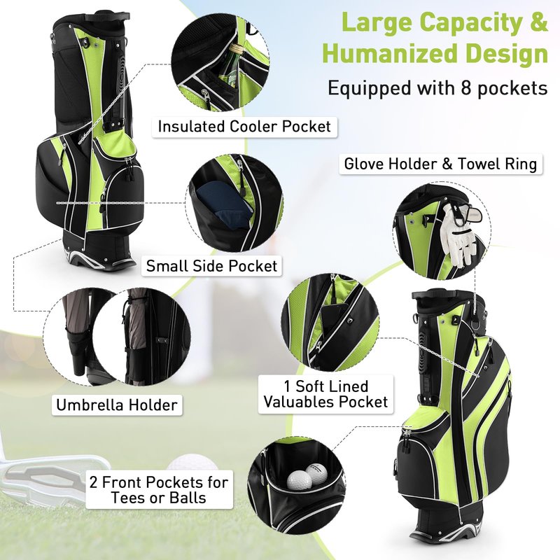 SPORFIT Golf Stand Bag with 6 Way Dividers, Lightweight Golf Club Bag w/ 8 Pockets, Rain Hood, Ergonomic Straps, Portable Golf Bag for Men Women (Green)