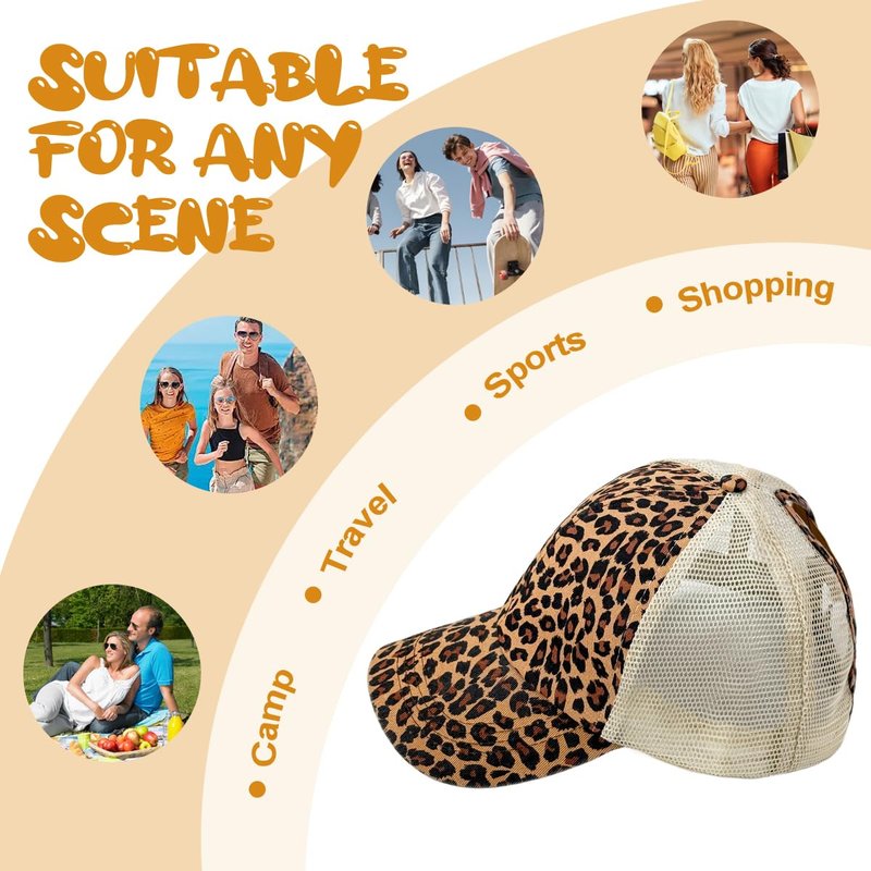 Leopard Print Baseball Cap Cute Leopard Ponytail Hats for Women Dad Sun Hat Mesh Leopard Adjustable Trucker Caps